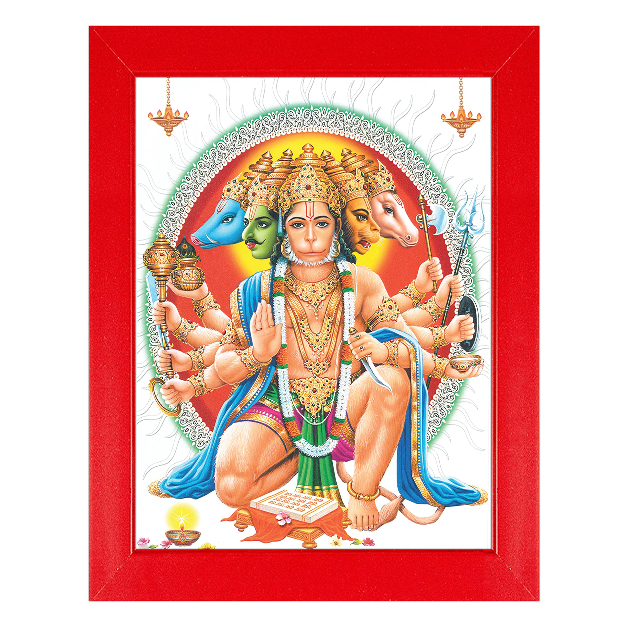 Indianara Panchmukhi Hanuman Anjaneya Framed wall Painting with Table Top 1907TTR (8 ix 6 inch) -WITH FRAME & GLASS